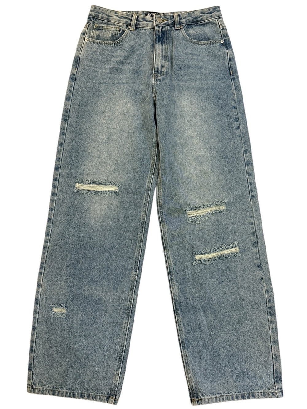 Y2K Style Baggy Wide Leg Jeans 100% Cotton Distressed Light Wash 29x31 The Kript